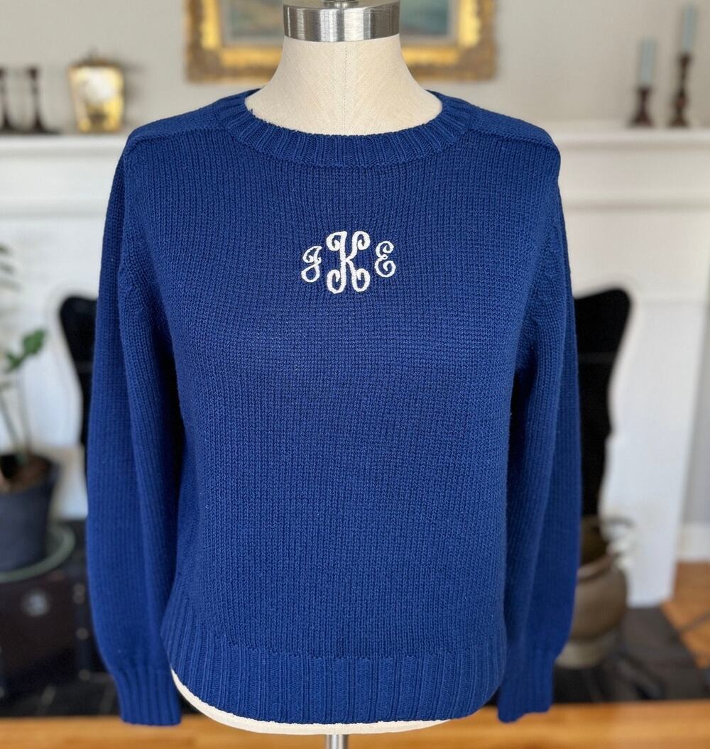 Vintage Sweater, Blue Crewneck with Monogram, 80s 90s Preppy, Women's XS